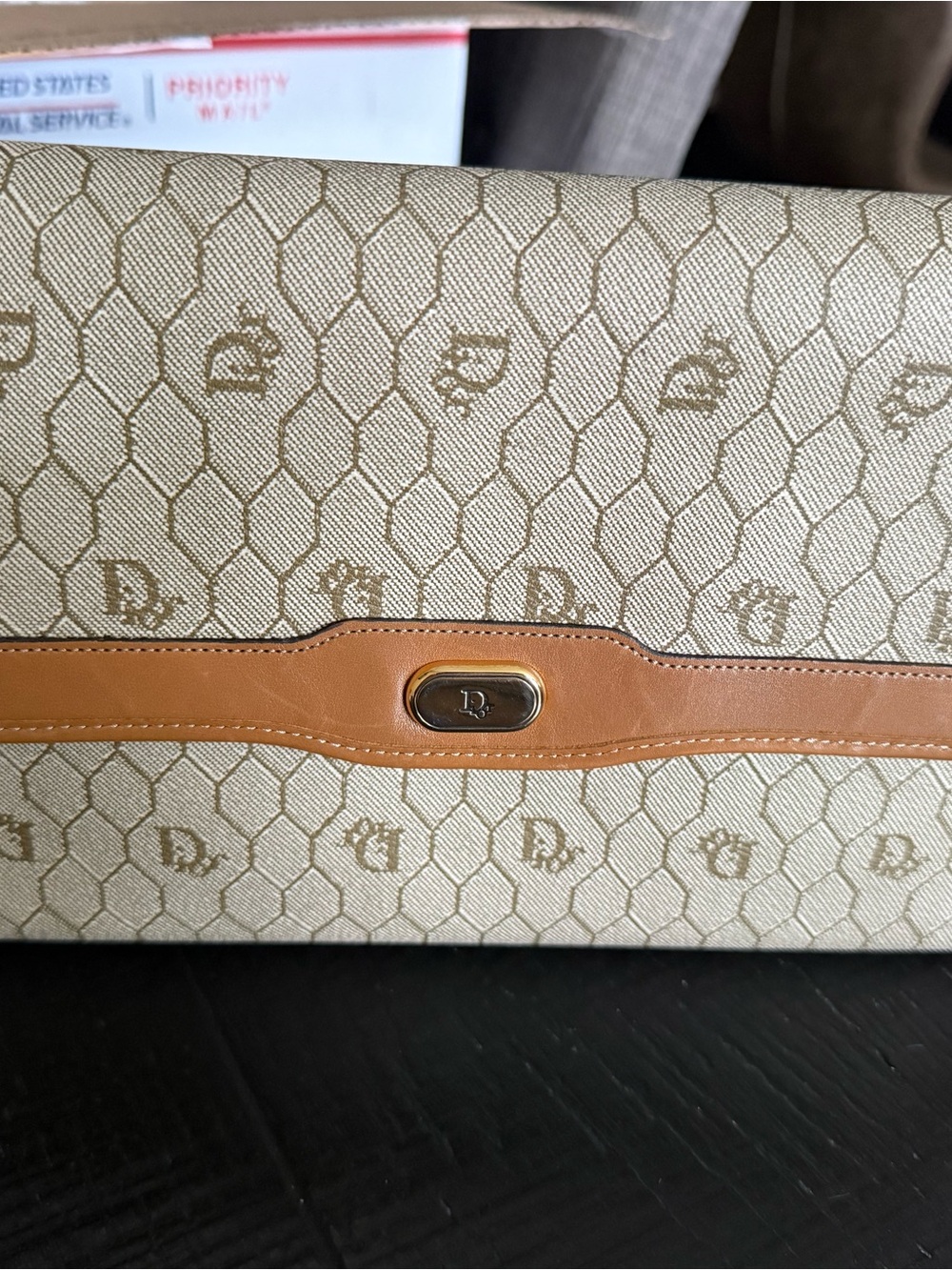 Dior Beige Monogram Canvas Shoulder Bag with Tan Leather Trim